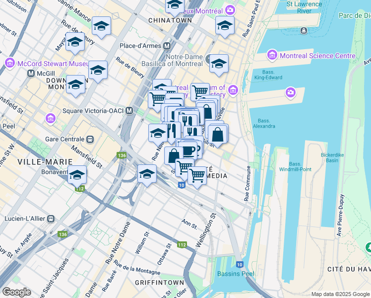 map of restaurants, bars, coffee shops, grocery stores, and more near 404 Rue Saint Henri in Montréal