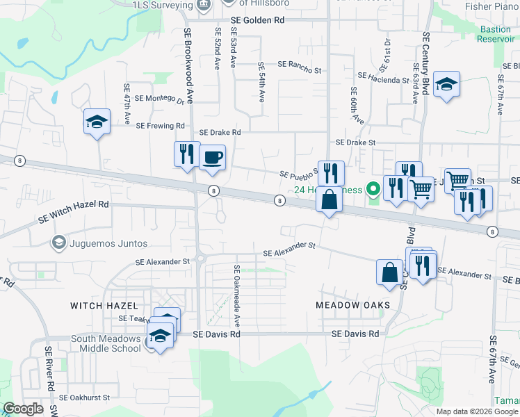 map of restaurants, bars, coffee shops, grocery stores, and more near 24220 Southwest Tualatin Valley Highway in Hillsboro