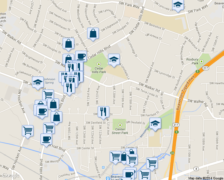 map of restaurants, bars, coffee shops, grocery stores, and more near 2825 Southwest 120th Avenue in Beaverton