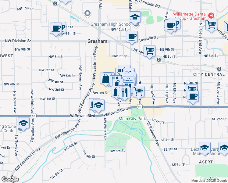 map of restaurants, bars, coffee shops, grocery stores, and more near 134 Northwest 3rd Street in Gresham