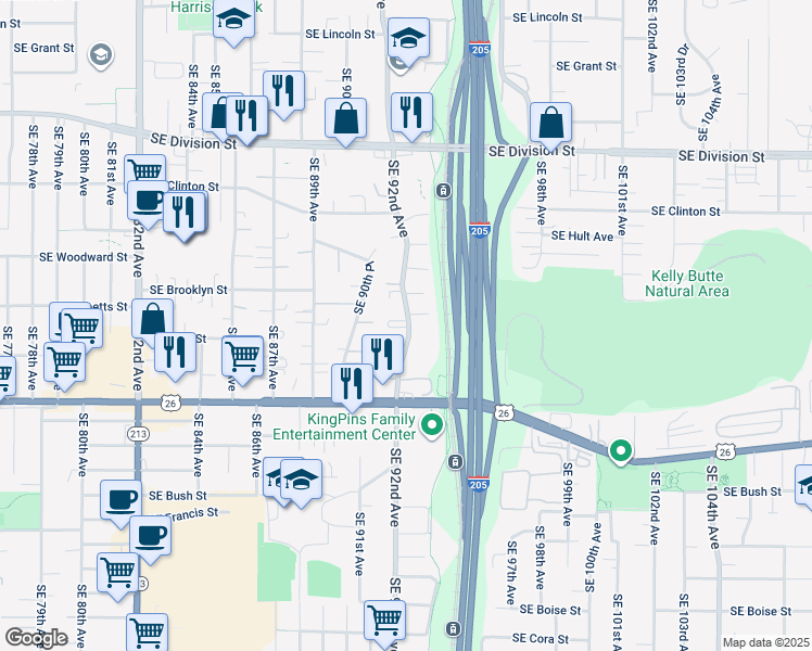 map of restaurants, bars, coffee shops, grocery stores, and more near 3143 Southeast 92nd Avenue in Portland
