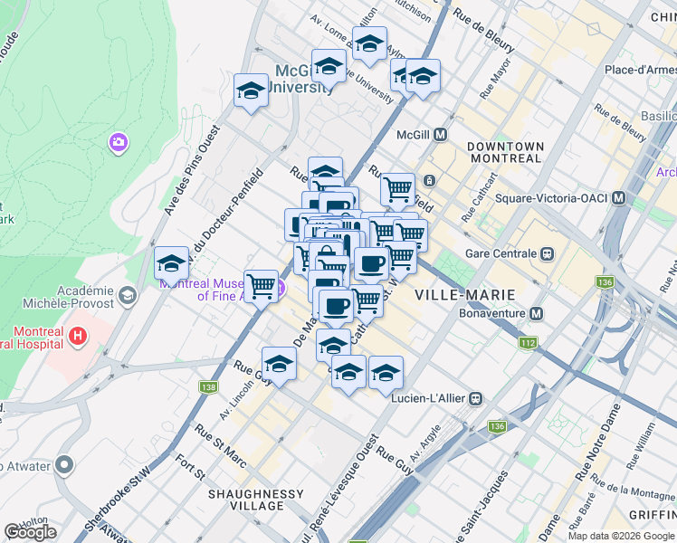map of restaurants, bars, coffee shops, grocery stores, and more near 2000 Rue Drummond in Montrã©Al