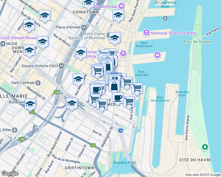 map of restaurants, bars, coffee shops, grocery stores, and more near 130 Rue McGill in Montrã©Al