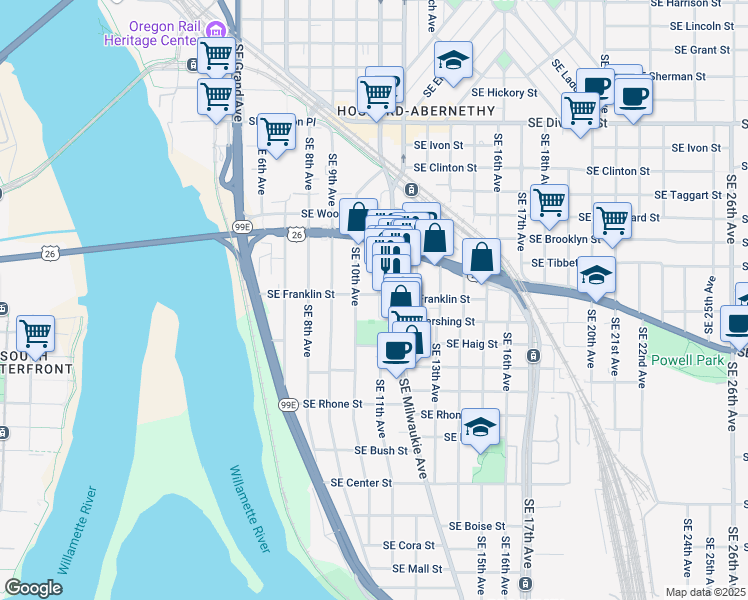 map of restaurants, bars, coffee shops, grocery stores, and more near 3305 Southeast 11th Avenue in Portland