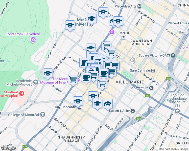 map of restaurants, bars, coffee shops, grocery stores, and more near 2000 Rue Drummond in Montréal