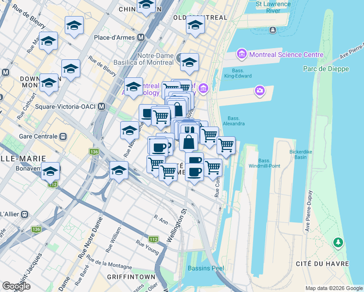 map of restaurants, bars, coffee shops, grocery stores, and more near 130 Rue McGill in Montrã©Al
