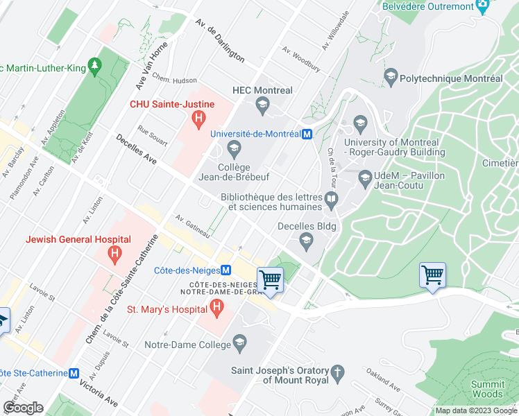 map of restaurants, bars, coffee shops, grocery stores, and more near 3243 Avenue Lacombe in Montréal