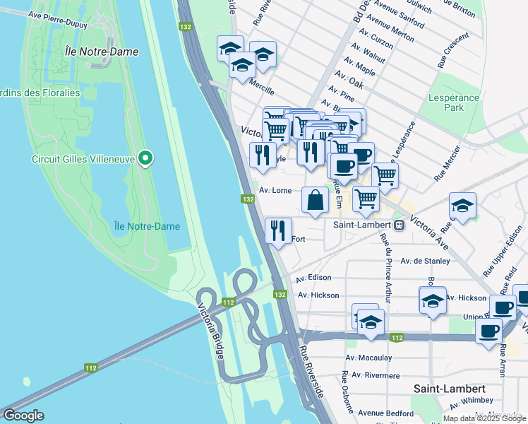 map of restaurants, bars, coffee shops, grocery stores, and more near 255 Rue Riverside in Saint-Lambert