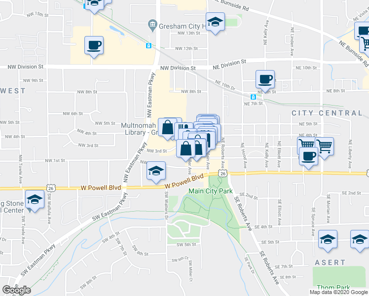 map of restaurants, bars, coffee shops, grocery stores, and more near 134 Northwest 3rd Street in Gresham