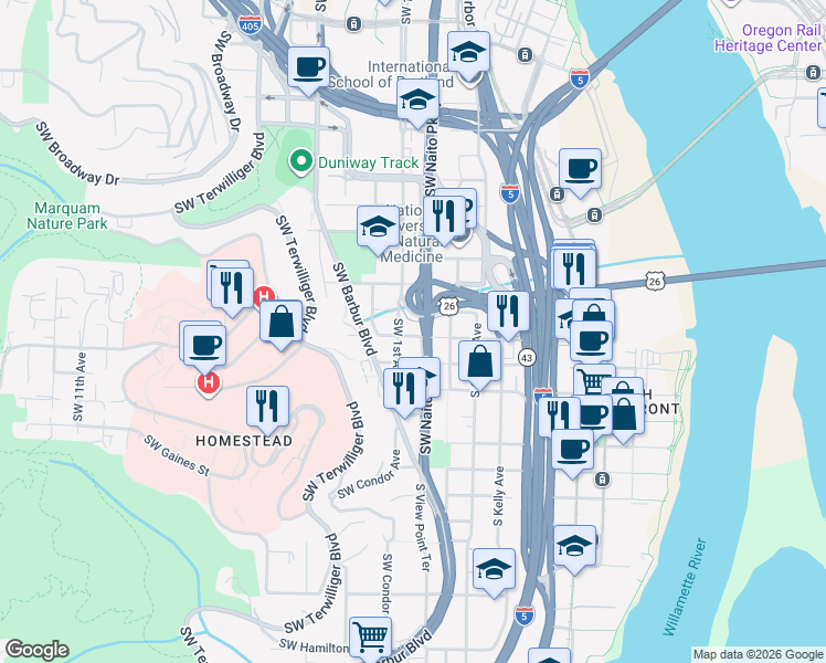 map of restaurants, bars, coffee shops, grocery stores, and more near 117 Southwest Gibbs Street in Portland