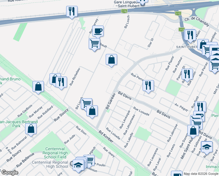map of restaurants, bars, coffee shops, grocery stores, and more near 3714 Boulevard Gareau in Longueuil