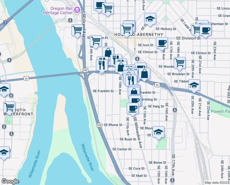 map of restaurants, bars, coffee shops, grocery stores, and more near 908 Southeast Franklin Street in Portland