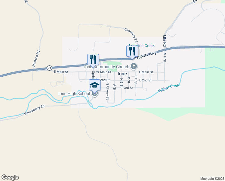 map of restaurants, bars, coffee shops, grocery stores, and more near 120 3rd Street in Ione