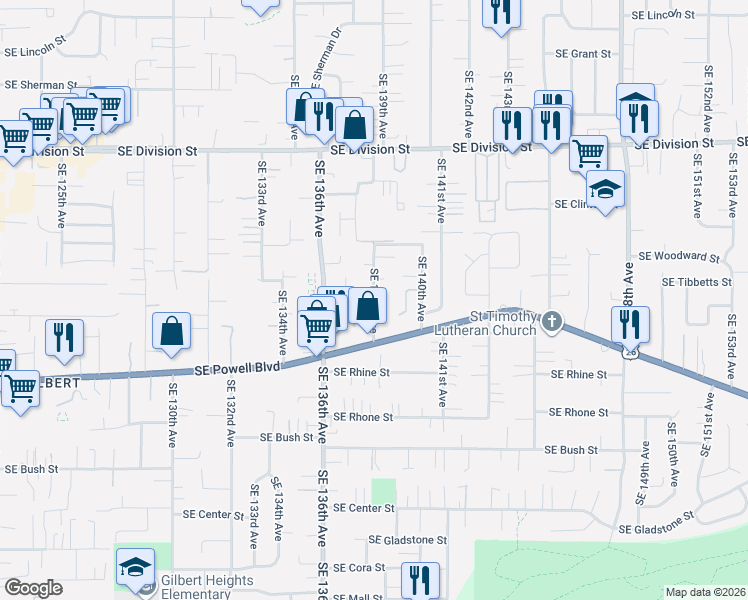 map of restaurants, bars, coffee shops, grocery stores, and more near 3119 Southeast 138th Avenue in Portland