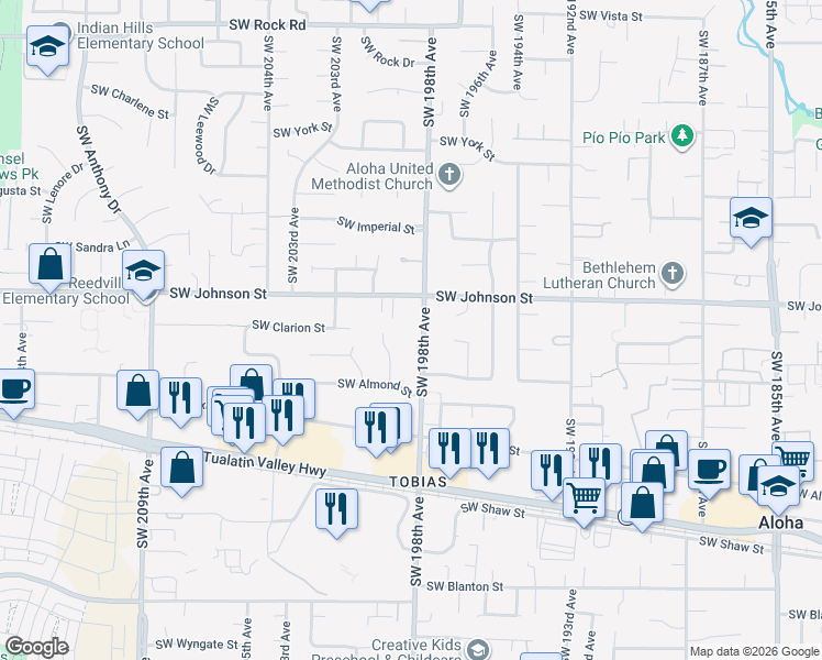 map of restaurants, bars, coffee shops, grocery stores, and more near 2805 Southwest 198th Avenue in Aloha