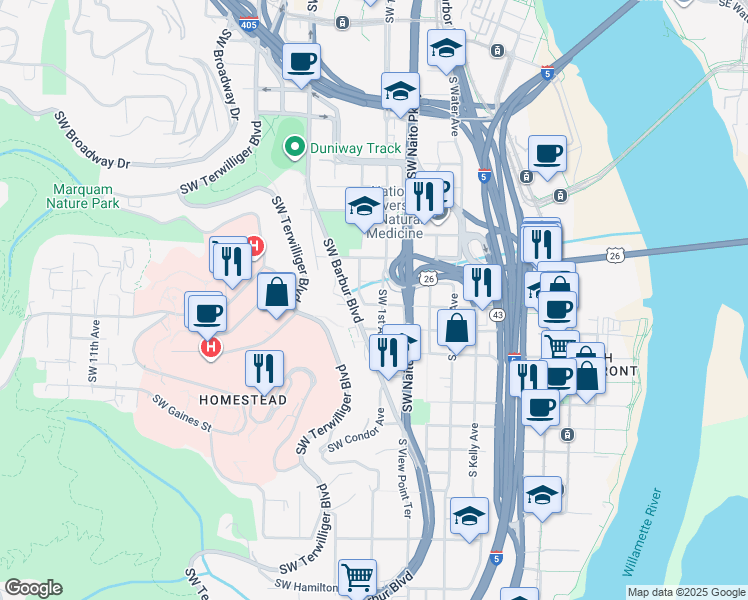 map of restaurants, bars, coffee shops, grocery stores, and more near 105 Southwest Gibbs Street in Portland