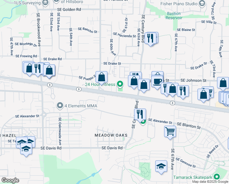 map of restaurants, bars, coffee shops, grocery stores, and more near 6005 Southeast Tualatin Valley Highway in Hillsboro