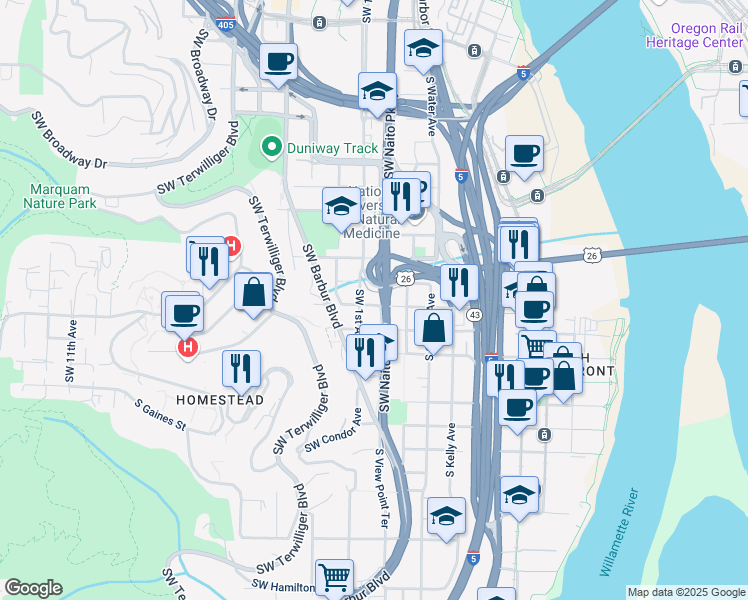 map of restaurants, bars, coffee shops, grocery stores, and more near 105 Southwest Gibbs Street in Portland