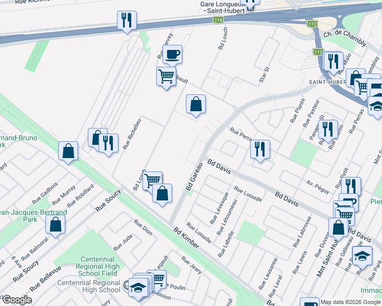 map of restaurants, bars, coffee shops, grocery stores, and more near 3714 Boulevard Gareau in Longueuil