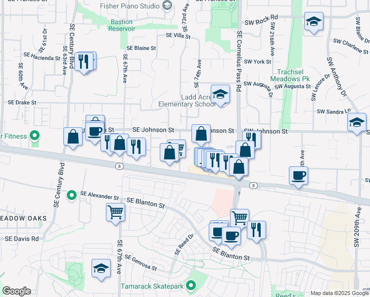 map of restaurants, bars, coffee shops, grocery stores, and more near 2796 Southeast 73rd Avenue in Hillsboro