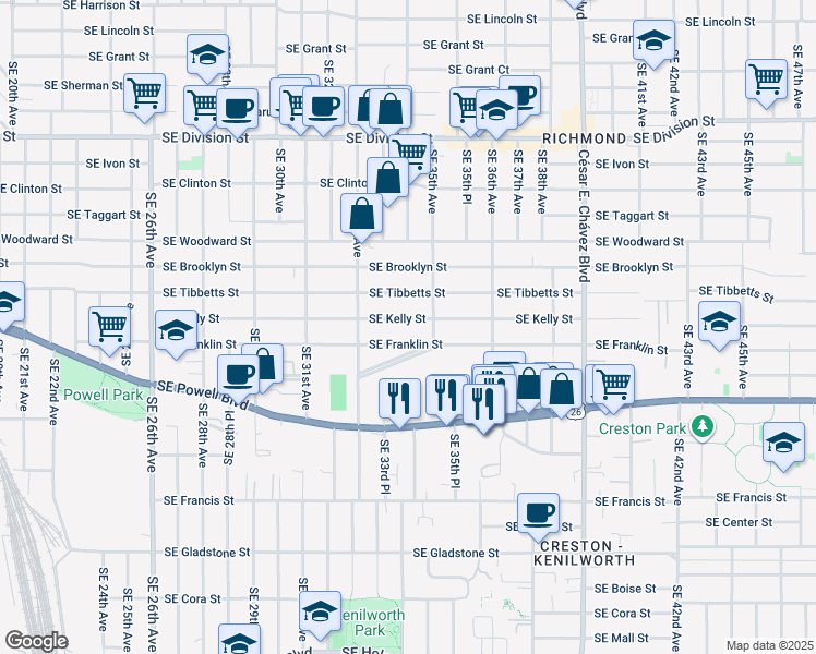 map of restaurants, bars, coffee shops, grocery stores, and more near 3390 Southeast Kelly Street in Portland
