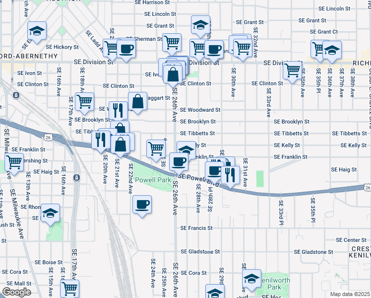 map of restaurants, bars, coffee shops, grocery stores, and more near 2704 Southeast Kelly Street in Portland