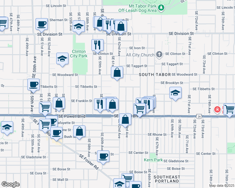 map of restaurants, bars, coffee shops, grocery stores, and more near 3139 Southeast 62nd Avenue in Portland