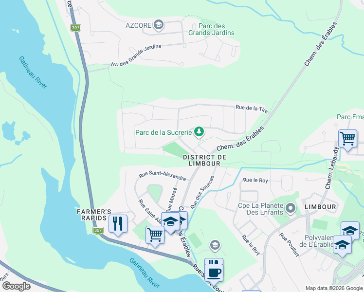map of restaurants, bars, coffee shops, grocery stores, and more near 119 Rue des Sucres in Gatineau