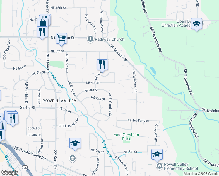map of restaurants, bars, coffee shops, grocery stores, and more near 4111 Northeast El Camino Court in Gresham