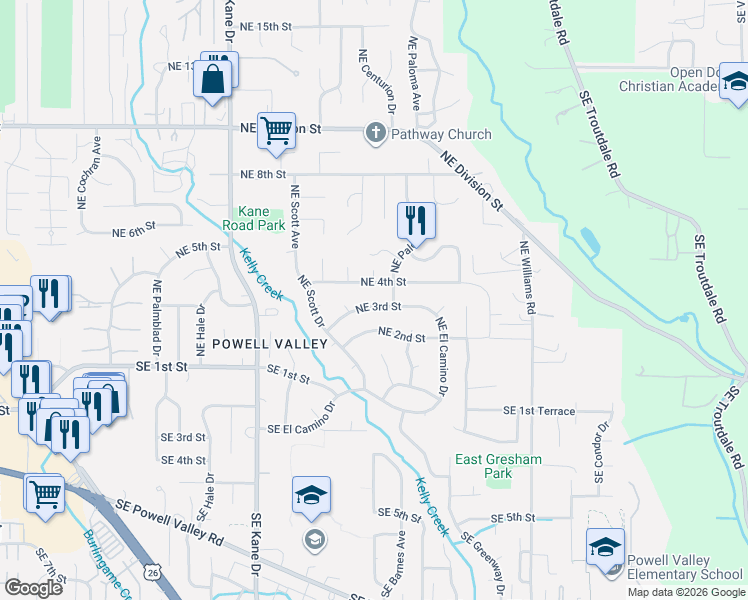 map of restaurants, bars, coffee shops, grocery stores, and more near 3849 Northeast 3rd Street in Gresham