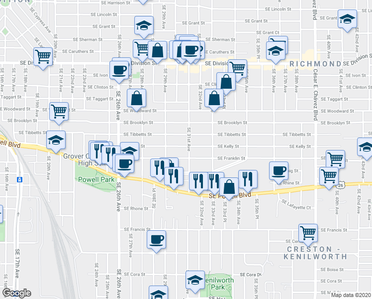 map of restaurants, bars, coffee shops, grocery stores, and more near 3018 Southeast Kelly Street in Portland