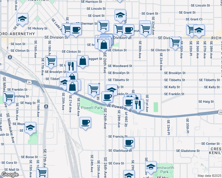 map of restaurants, bars, coffee shops, grocery stores, and more near 2704 Southeast Kelly Street in Portland