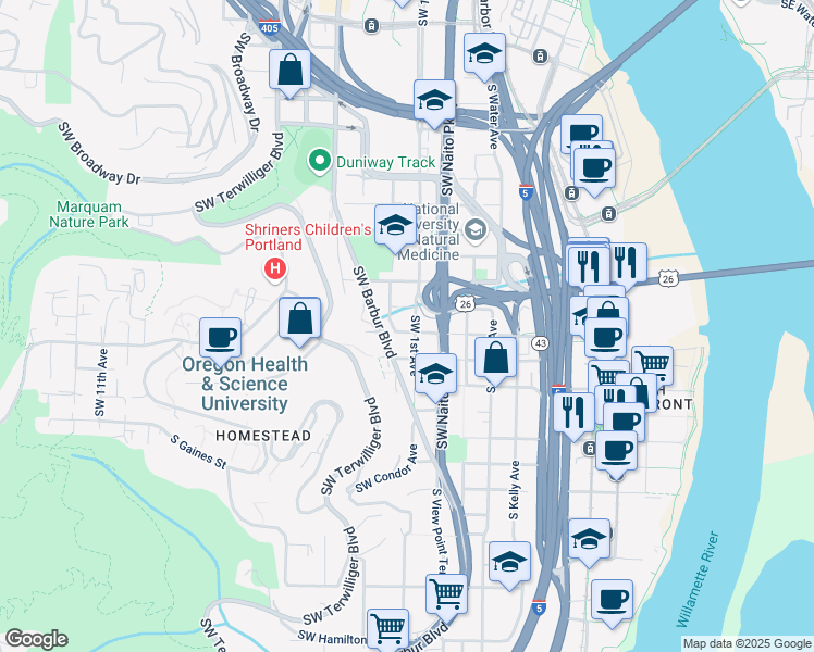 map of restaurants, bars, coffee shops, grocery stores, and more near 105 Southwest Gibbs Street in Portland