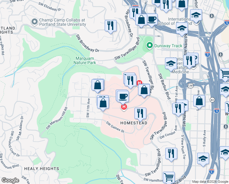 map of restaurants, bars, coffee shops, grocery stores, and more near 3181 Southwest Sam Jackson Park Road in Portland