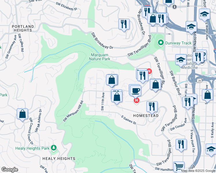 map of restaurants, bars, coffee shops, grocery stores, and more near 3216 Southwest 11th Avenue in Portland