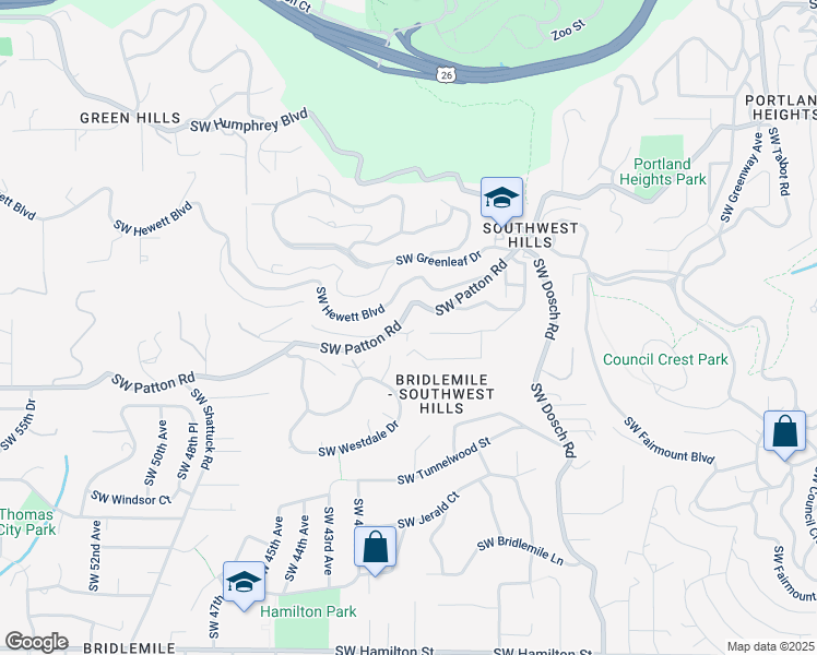 map of restaurants, bars, coffee shops, grocery stores, and more near 4014 Southwest Patton Road in Portland