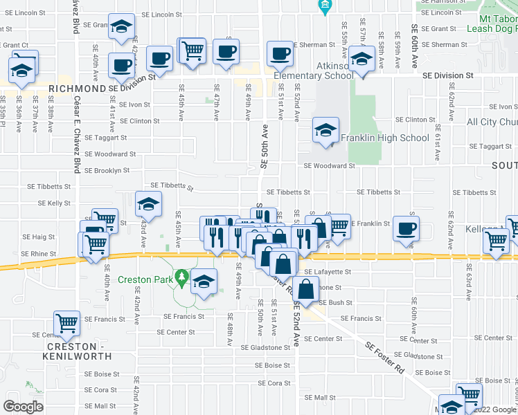 map of restaurants, bars, coffee shops, grocery stores, and more near Southeast 50th Avenue & Southeast Kelly Street in Portland
