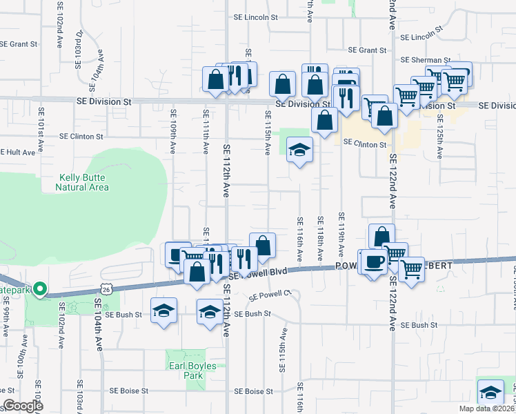map of restaurants, bars, coffee shops, grocery stores, and more near 11467 Southeast Tibbetts Street in Portland