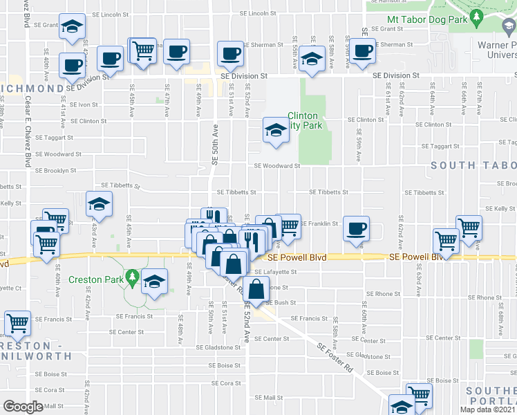 map of restaurants, bars, coffee shops, grocery stores, and more near 3207 Southeast 53rd Avenue in Portland