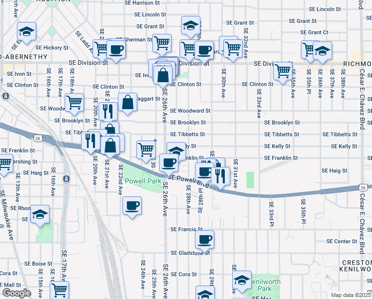 map of restaurants, bars, coffee shops, grocery stores, and more near 3205 Southeast 28th Avenue in Portland