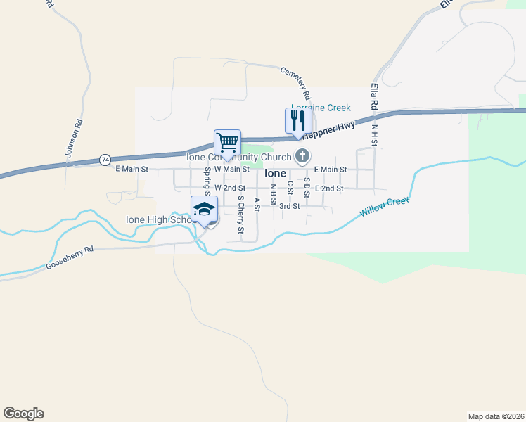 map of restaurants, bars, coffee shops, grocery stores, and more near 120 3rd Street in Ione