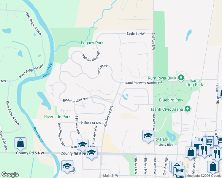 map of restaurants, bars, coffee shops, grocery stores, and more near 817 Golden Way Northwest in Isanti