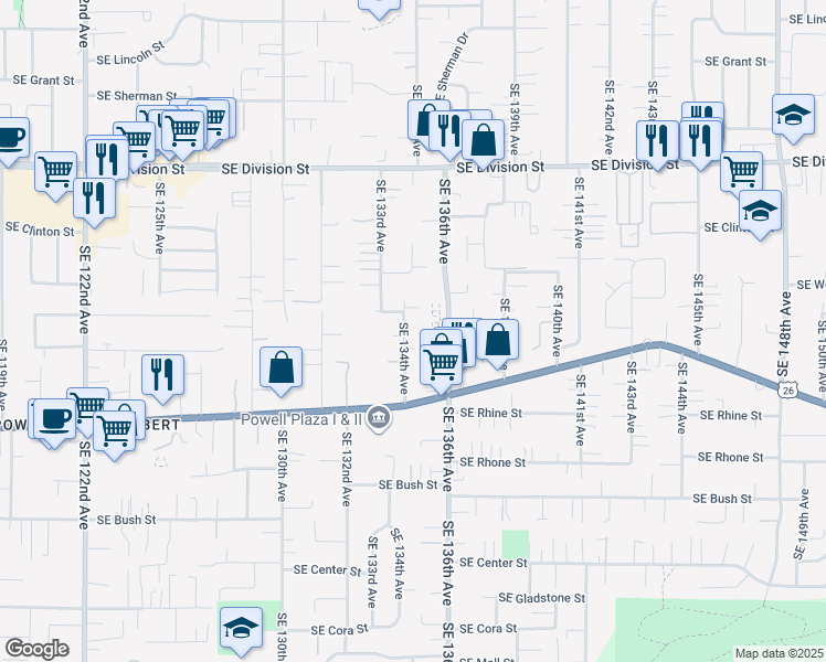 map of restaurants, bars, coffee shops, grocery stores, and more near 3114 Southeast 134th Avenue in Portland