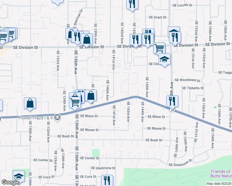 map of restaurants, bars, coffee shops, grocery stores, and more near 3121 Southeast 141st Avenue in Portland