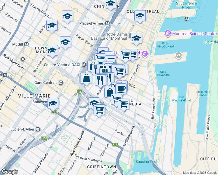 map of restaurants, bars, coffee shops, grocery stores, and more near 699 Rue Saint Maurice in Montreal