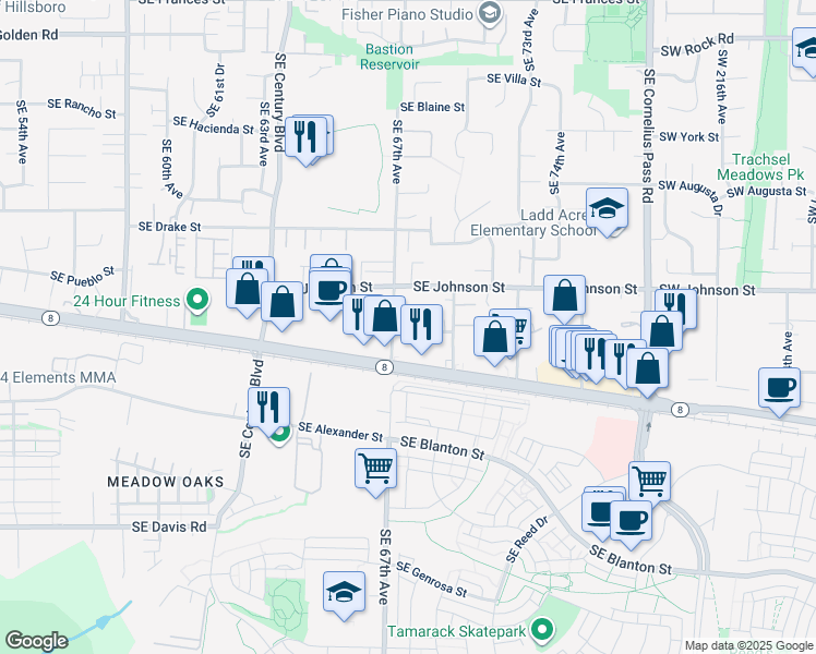 map of restaurants, bars, coffee shops, grocery stores, and more near 2790 Southeast Palmer Court in Hillsboro