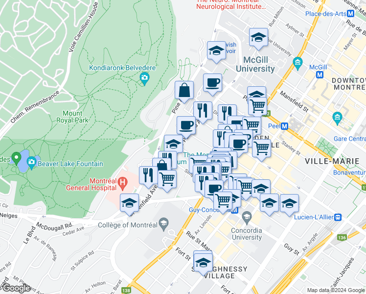 map of restaurants, bars, coffee shops, grocery stores, and more near 3595 Rue Redpath in Montréal