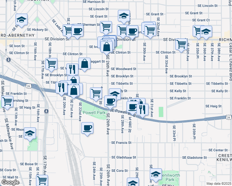 map of restaurants, bars, coffee shops, grocery stores, and more near 2704 Southeast Kelly Street in Portland