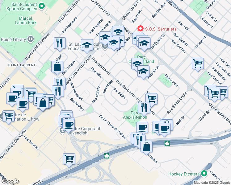 map of restaurants, bars, coffee shops, grocery stores, and more near 780 Rue Satim in Montréal