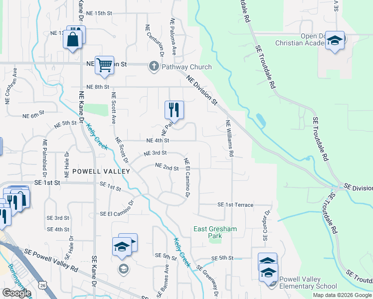map of restaurants, bars, coffee shops, grocery stores, and more near 4111 Northeast 3rd Street in Gresham